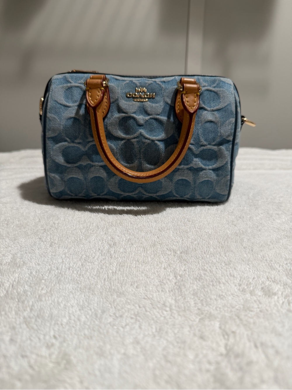 Coach Denim Rowan with Tan Leather Handles and Gold Hardware